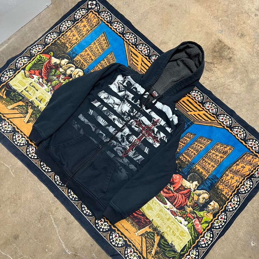 MMA elite skull hoodie Size medium Sherpa Lined Fur Hood Punk Skater Grunge y2k - Picture 2 of 7